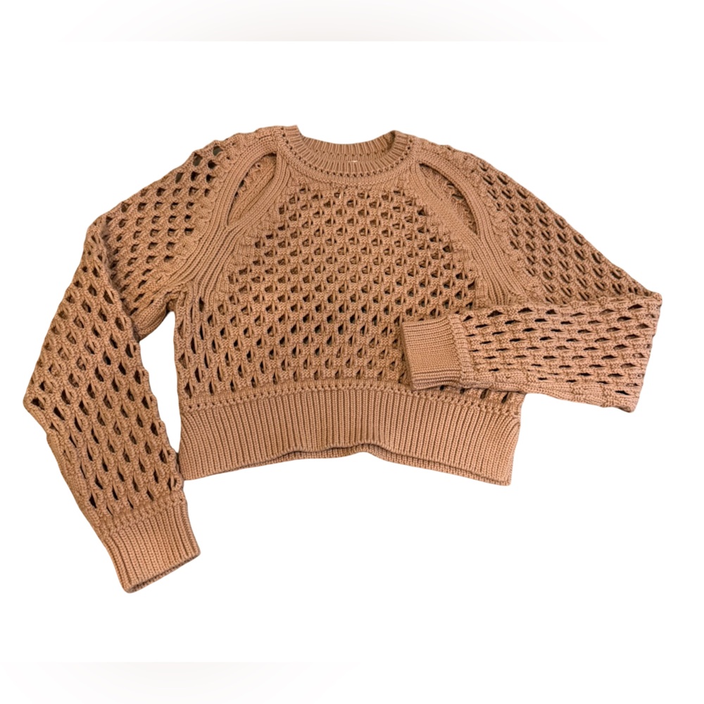 Magnlens Crochet Knit Sweater Womens S Tan Open Knit Boho Chunky Pullover